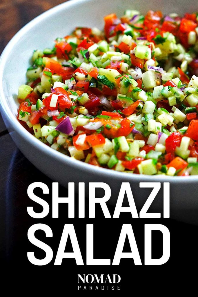 Shirazi Salad pin (in a white bowl on a wood background).
