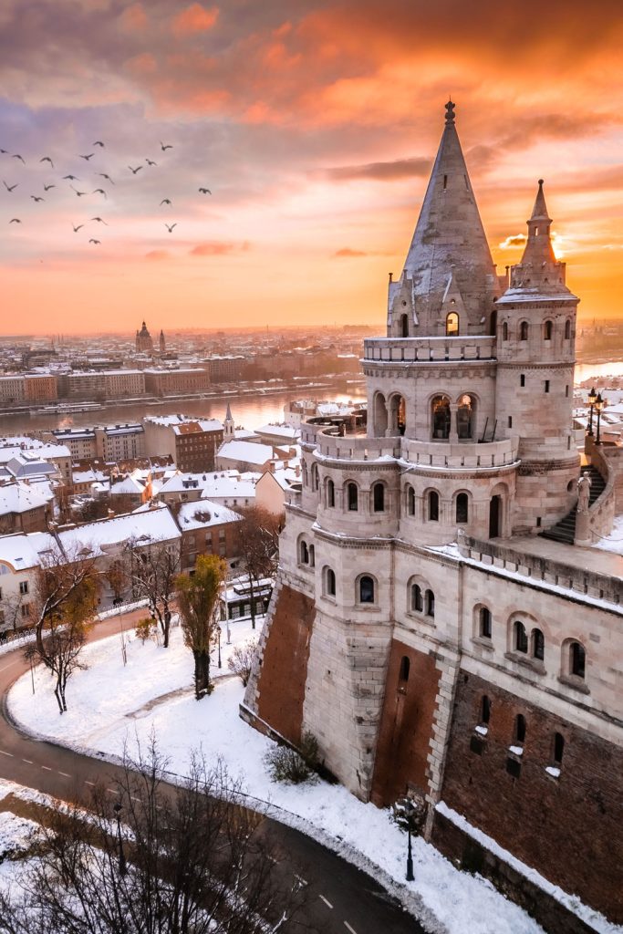Fisherman's Bastion and St. Stephen Basilica in the background in the winter.