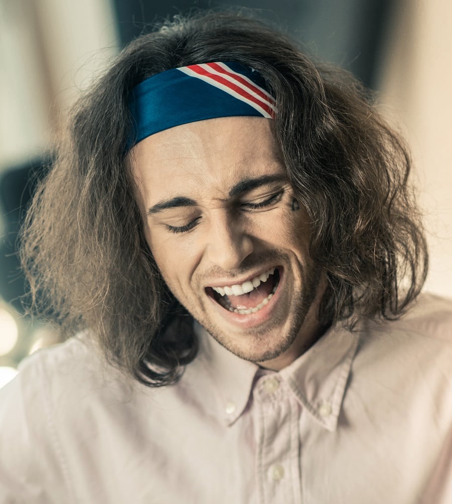 mens wavy long hair with bandana