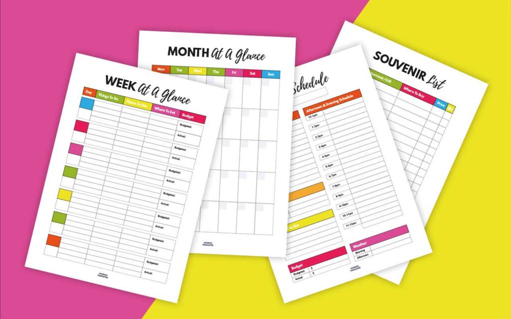 Travel Binder Pages (Week at a Glance, Month at a Glance, Souvenir List, Daily Schedule)