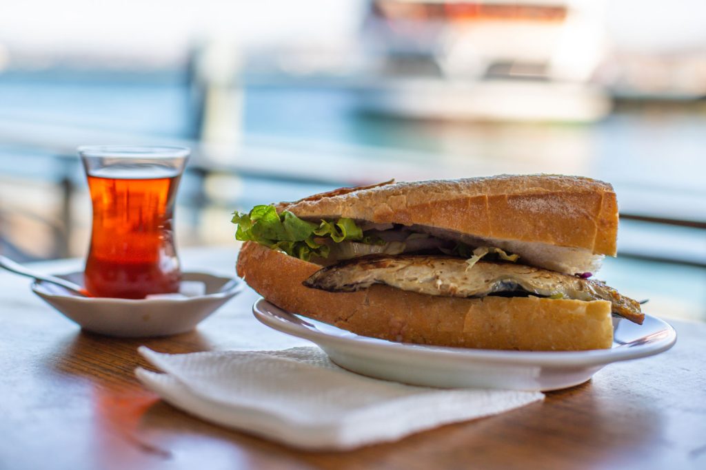 Fish sandwich and turkish tea.