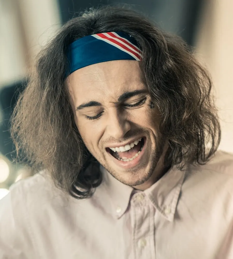 mens wavy long hair with bandana