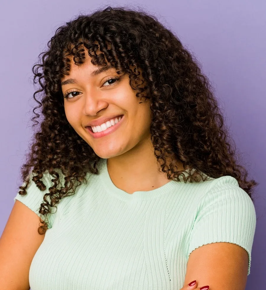 mixed girl long curly hair with bangs